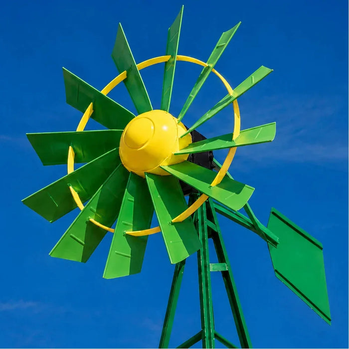 Green and yellow powder coat head color option for the Outdoor Water Solutions 3-Leg Metal Windmill Pond Aerator