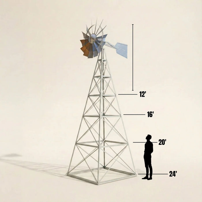 Studio diagram beside a human silhouette shows the Outdoor Water Solutions 4 Leg Steel Windmill Pond Aerator tower at 12, 16, 20, and 24 foot heights