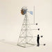 Studio diagram beside a human silhouette shows the Outdoor Water Solutions 4 Leg Steel Windmill Pond Aerator tower at 12, 16, 20, and 24 foot heights