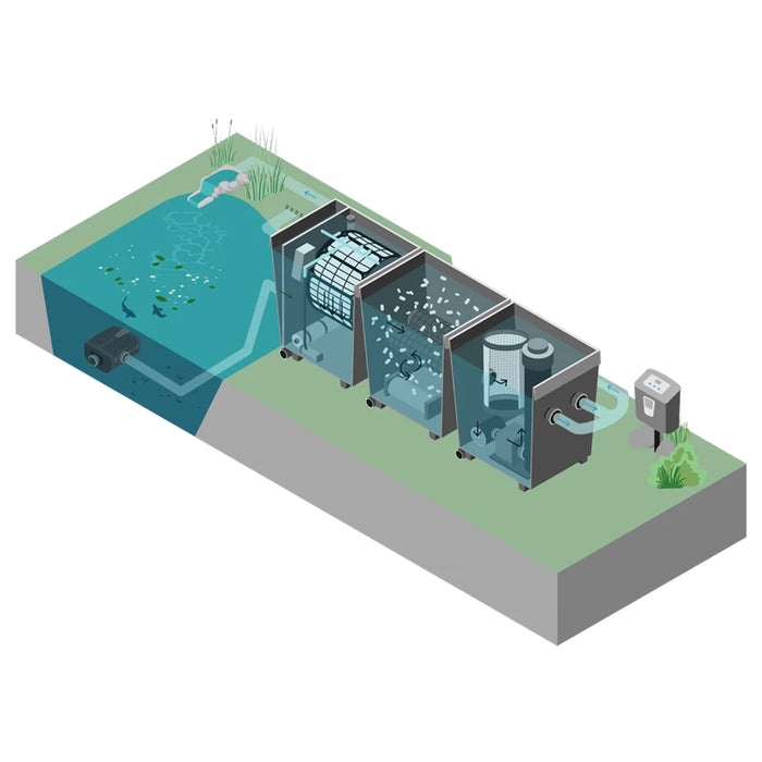 Cutaway pond layout with pump, flow arrows and above-ground chambers for the Oase ProfiClear Premium XL-Pump Fed Pond Filter