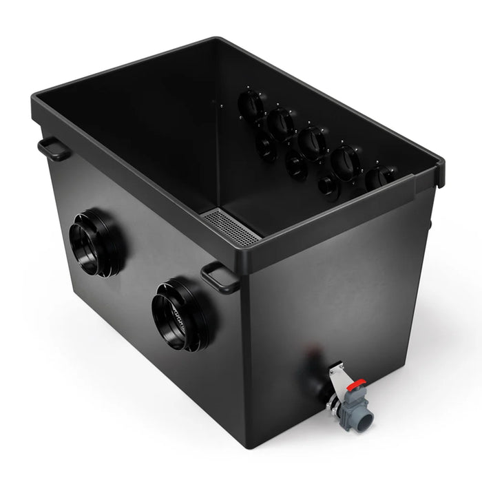 Angled full view of the Oase ProfiClear Premium XL Discharge Module - Gravity Filter tank with inlets and sludge drain valve
