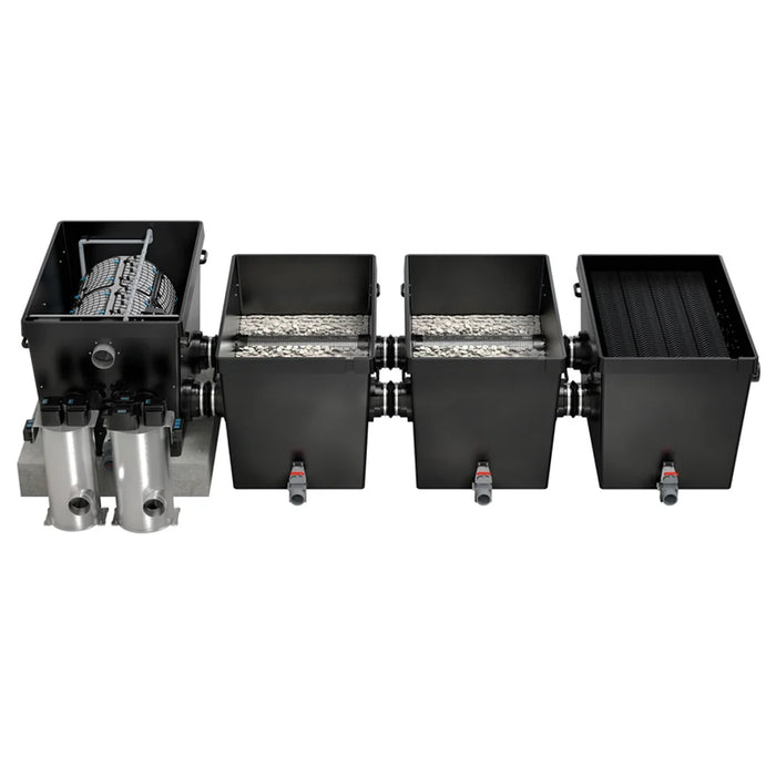 Complete four-module ProfiClear Premium XL Discharge Module - Pump Fed filter system connected in a row on a white background