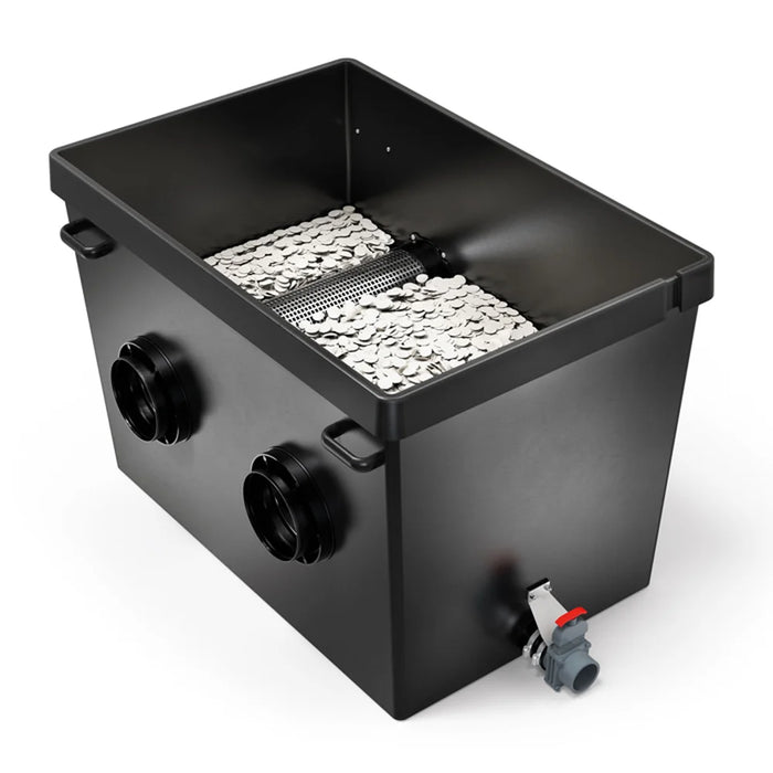 Black ProfiClear Premium XL Moving Bed Module Pond Filter tank with molded carry handles and dual threaded ports