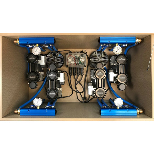 Interior of the ProLake 4 4.15 Electric Aerator with four compressors, cooling fans, blue manifolds and pressure gauges