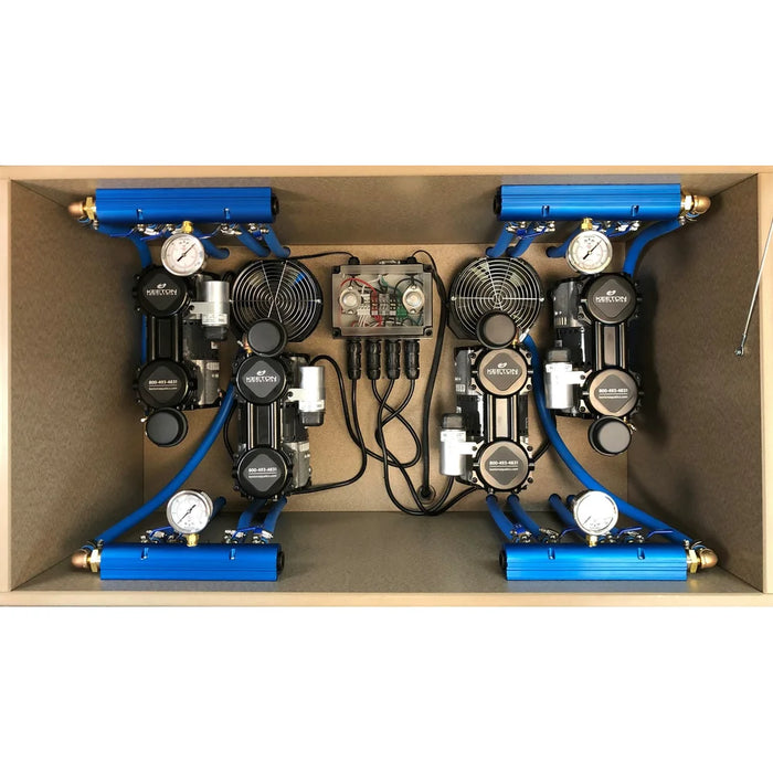 Interior of the ProLake 4 4.15 Electric Aerator with four compressors, cooling fans, blue manifolds and pressure gauges