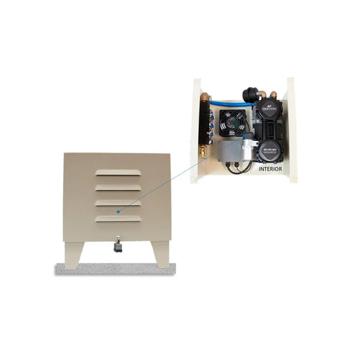 Tan ProLake ProLake Mini Aeration System cabinet with interior view showing compressor, cooling fan and manifold
