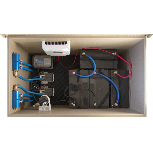 Open cabinet interior of the ProLake Solaer 2.3 Pond Aerator showing compressors, timer, charge controller and batteries
