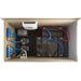 Open cabinet interior of the ProLake Solaer 2.3 Pond Aerator showing compressors, timer, charge controller and batteries