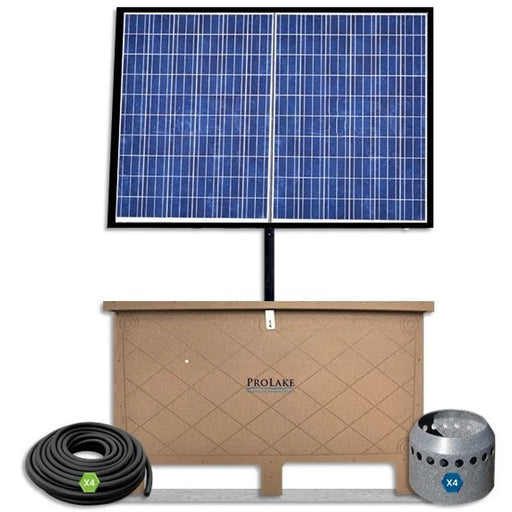 Complete ProLake Solaer Lake Aeration System with dual solar panels, tan cabinet, weighted airline and diffusers