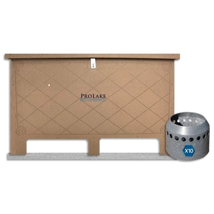 Tan ProLake 3.10 Aeration System cabinet next to a Duraplate diffuser marked X10 showing ten included diffusers