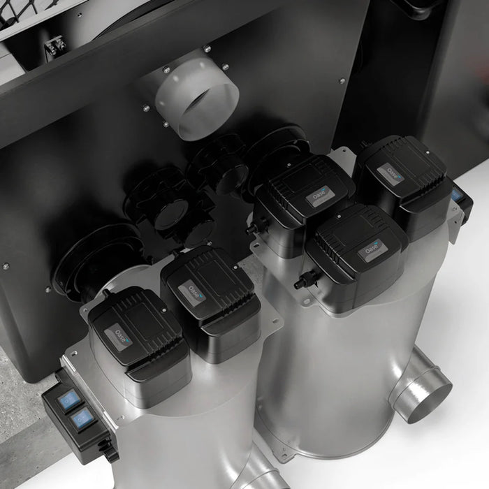 Back view of inlet connections, caps and stainless UVC housings on the Oase ProfiClear Premium XL-Pump Fed Drum Filter