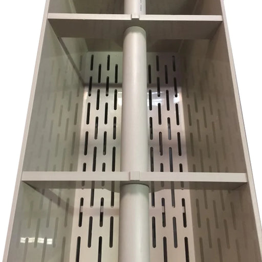 Interior look into the Sea Side Aquatics Medium 38 Inch Bakki Shower Filter showing slotted drainage tray floors and the central water inlet pipe