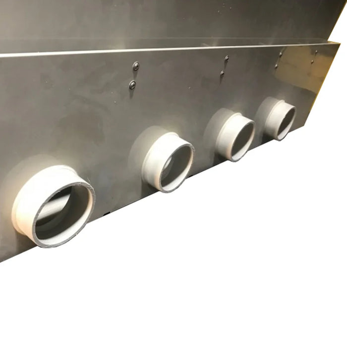 Close-up of the four 4-inch outlet fittings on the Sea Side Aquatics 60 Inch Bakki Shower with 4 Outlets bottom tray