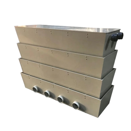 Angled view of the Sea Side Aquatics Large 60 Inch Bakki Shower with 4 Outlets showing four stacked tan trays and outlets
