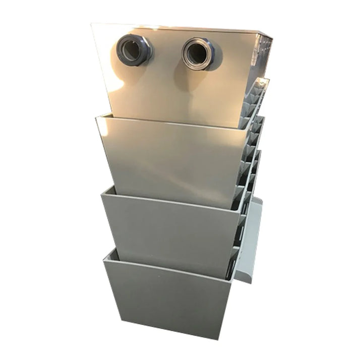 Angled top view of dual threaded inlets and stacked media trays on the Sea Side Aquatics 60in Bakki Shower Waterfall filter