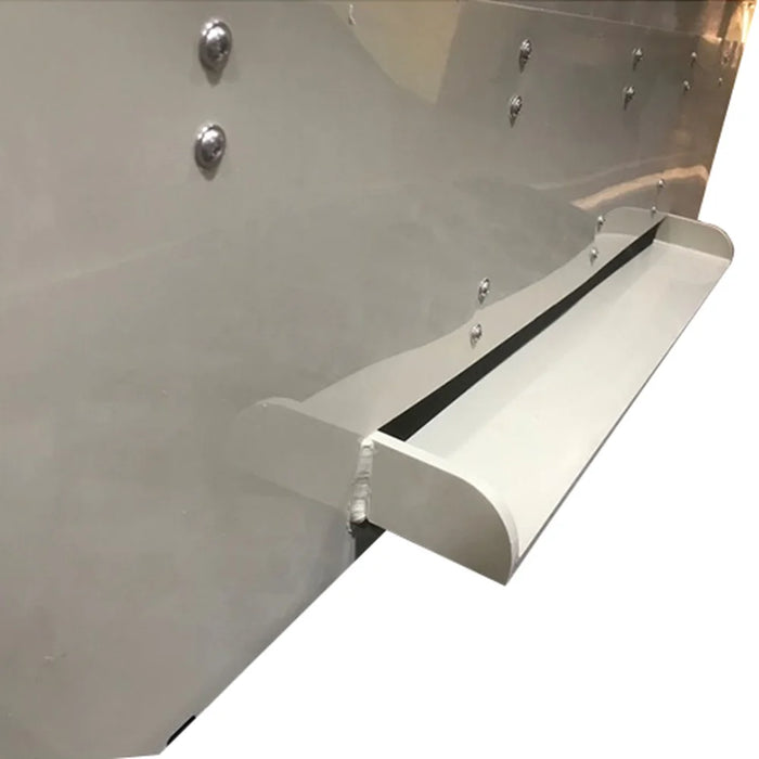 Waterfall spillway lip and riveted distribution tray edge on the Sea Side Aquatics Waterfall Bakki Shower 60 Inch koi pond filter