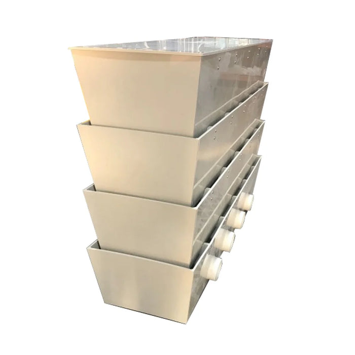 Side angle of the Sea Side Aquatics 60 Inch Bakki Shower with 4 Outlets showing nested trays that stack for storage