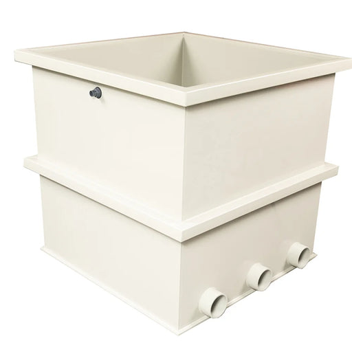 Sea Side Aquatics BK100 Moving Bed Filter cream two-tier tank angled view with three 4-inch base outlets and air inlet fitting