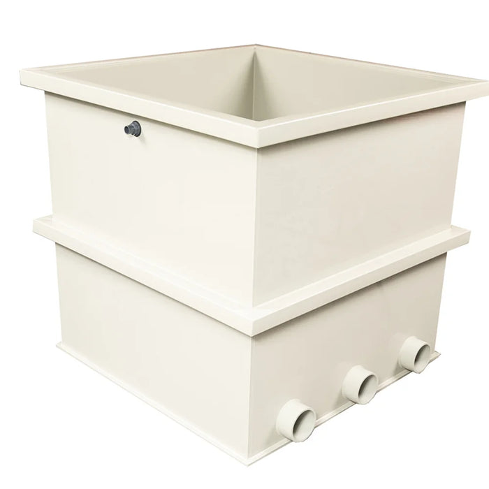 Sea Side Aquatics BK100 Moving Bed Filter cream two-tier tank angled view with three 4-inch base outlets and air inlet fitting
