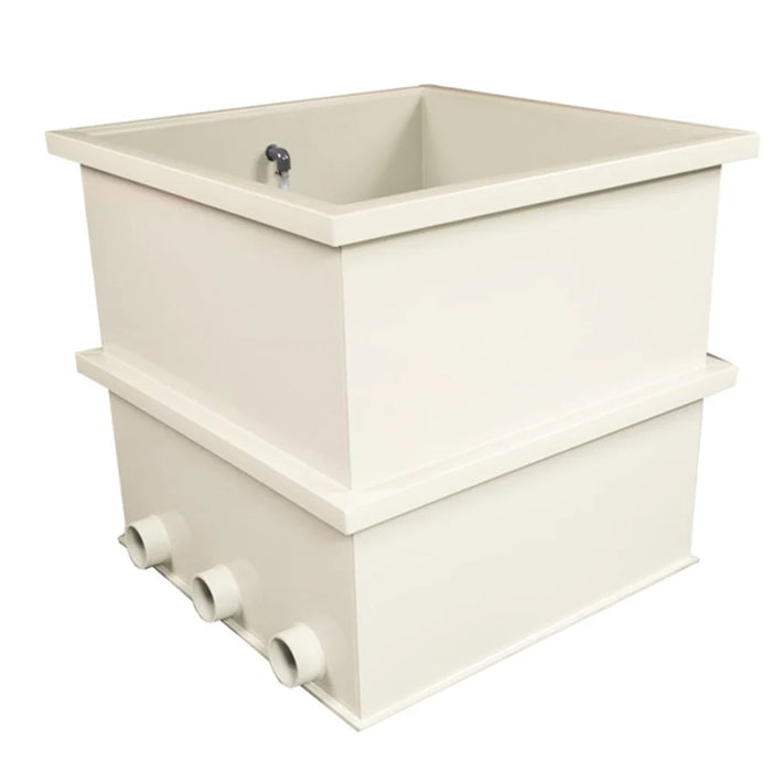Front view of the Sea Side Aquatics BK100 Moving Bed Bio Chamber showing open top compartment and three white 4-inch front ports