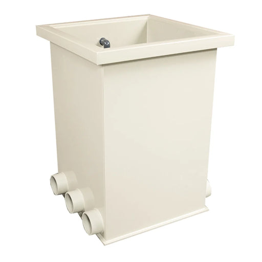 Angled exterior of the Sea Side Aquatics BK60 Moving Bed Bio Chamber tank with open top rim and three 4-inch pipe connections