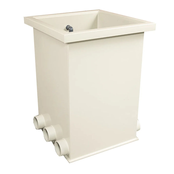 Angled exterior of the Sea Side Aquatics BK60 Moving Bed Bio Chamber tank with open top rim and three 4-inch pipe connections