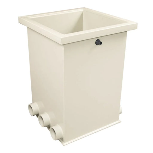 Front-angled view of the Sea Side Aquatics BK60 Pond Filter tank with open top, air inlet fitting and three stacked 4-inch pipes