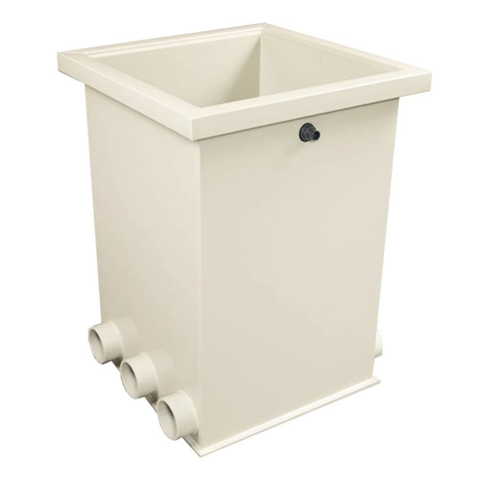 Front-angled view of the Sea Side Aquatics BK60 Pond Filter tank with open top, air inlet fitting and three stacked 4-inch pipes