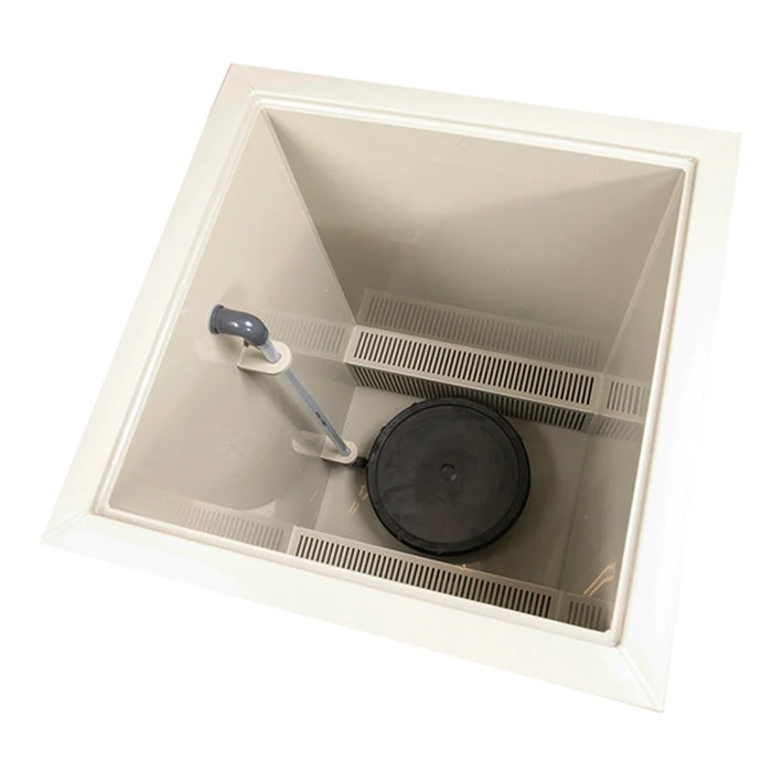Interior top view of the Sea Side Aquatics BK60 Pond Filter showing media screens, air pipework and the round 12.5-inch diffuser disc