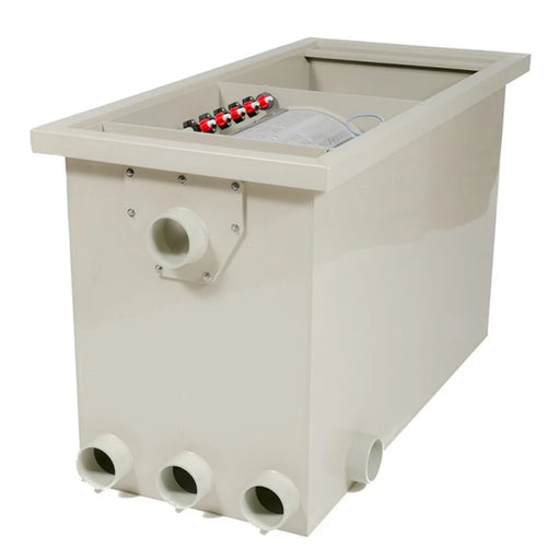 Angled view of the Sea Side Aquatics C-22 WIFI Pond Filter housing with lid open showing spray bar and lower 110 mm ports