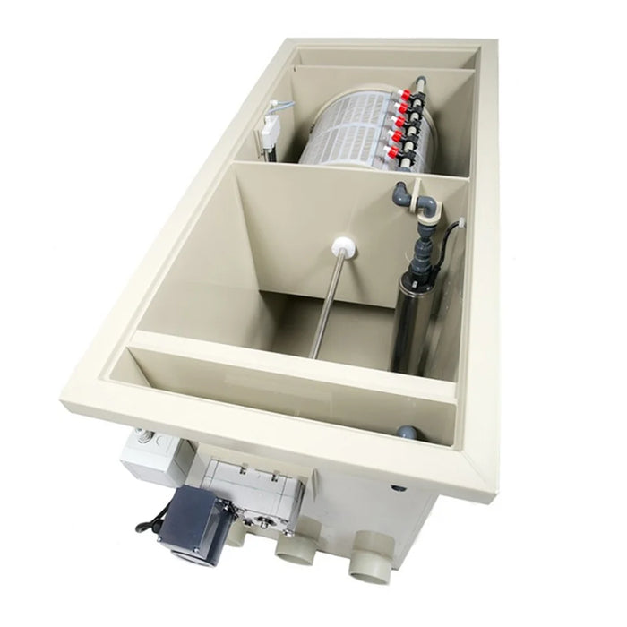 Top-down interior of the Sea Side Aquatics C-22 WIFI Combi RDF showing rotating drum, chambers and external cleaning pump