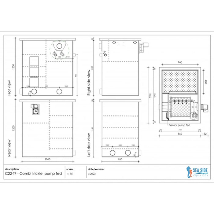 Dimension diagram of the Sea Side Aquatics C22-TF Bakki Shower Filter with front, rear, side and top views and millimetre measurements