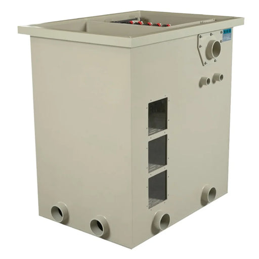 Full angled view of the Sea Side Aquatics C22-TF Drum Filter housing showing inlet and outlet ports and the three media tray windows
