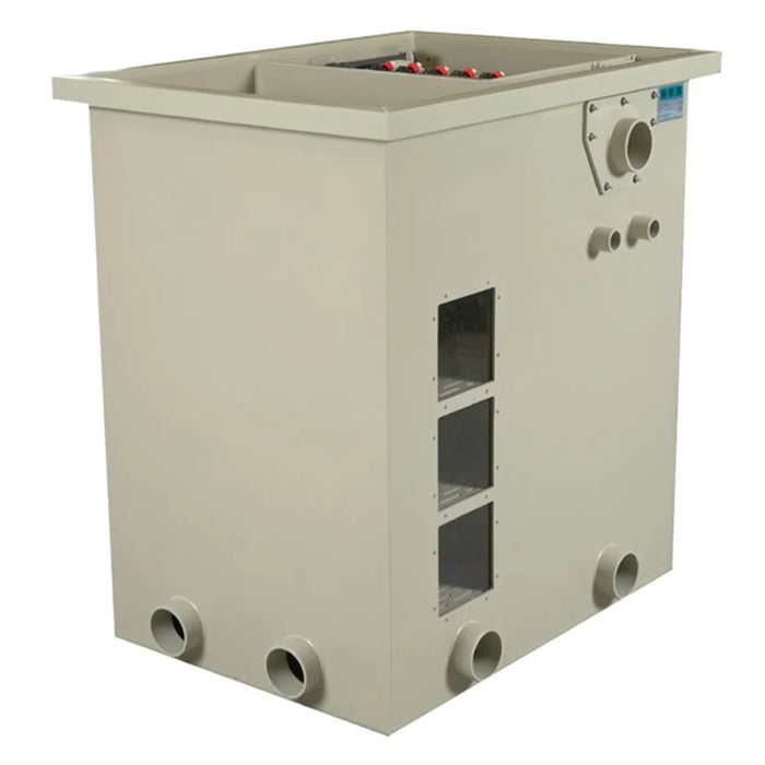 Full angled view of the Sea Side Aquatics C22-TF Drum Filter housing showing inlet and outlet ports and the three media tray windows