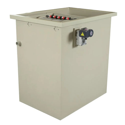 Angled exterior of the Sea Side Aquatics C22-TF Pond Filter housing showing the side inlet port and mounted cleaning pump on the tank wall