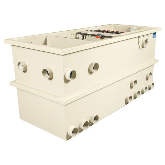 Angled view of the Sea Side Aquatics C35M Moving Bed Filter housing with multiple round ports and open top chamber