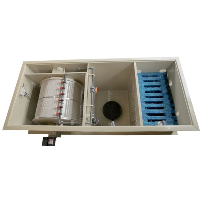 Open top view of the Sea Side Aquatics C65M showing the rotating drum, central pump chamber and blue helix moving bed media