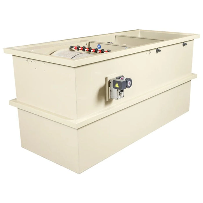 Assembled Sea Side Aquatics C65M Drum Filter with lid, front-mounted drive motor and red-capped valve manifold on top