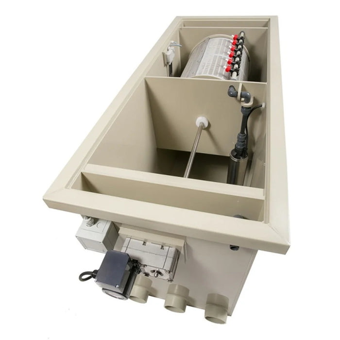 Top view of the Sea Side Aquatics CL35 Wifi Combi RDF Filter chambers showing drum, media bed and standpipe