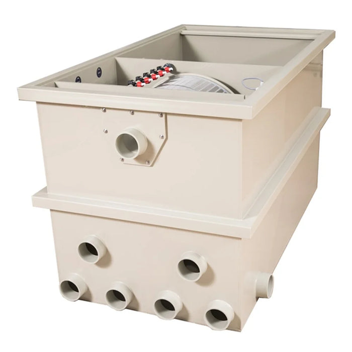 Angled front view of the Sea Side Aquatics CL65 Wifi Drum Filter two-chamber housing with multiple 110 mm pipe outlets