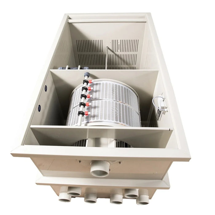 Interior top view of the Sea Side Aquatics CL65 Wifi Combi RDF Filter showing the stainless steel drum in its chamber