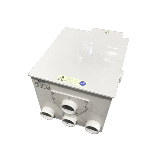 Angled view of the Sea Side Aquatics Eco 22 Wifi RDF Filter housing showing embossed top cover and 110 mm inlet, outlet and waste ports
