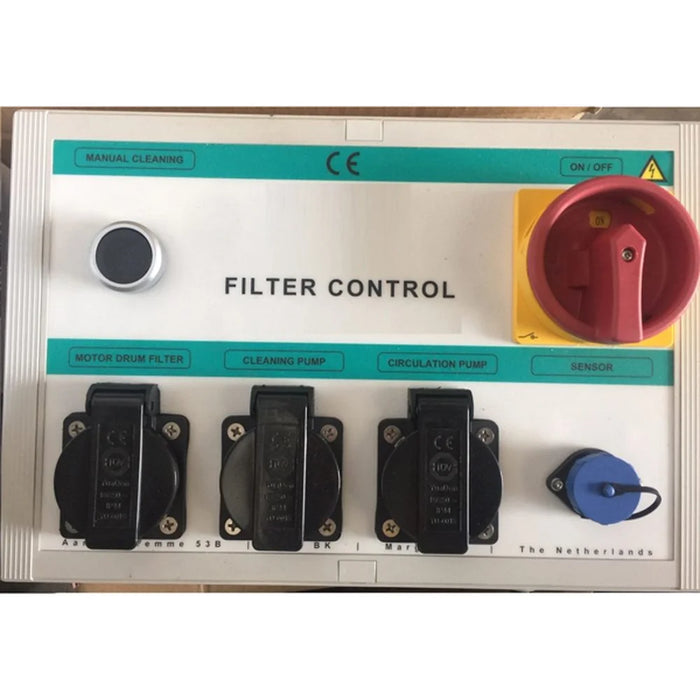 Filter control box on the Sea Side Aquatics Eco 22 Wifi Drum Filter with manual cleaning button, red on off switch and labeled pump sockets