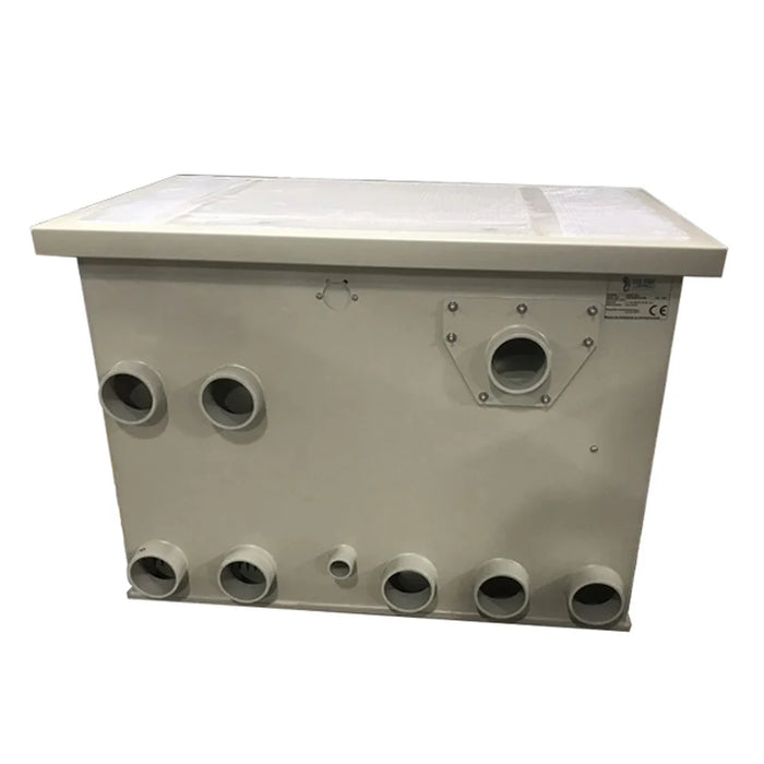 Rear view of the Sea Side Aquatics Entry C25 LOW RDF Filter showing inlet outlet ports and 110 mm waste water outlet