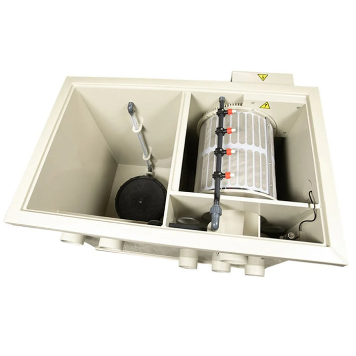 Interior of the Sea Side Aquatics Entry C25 LOW Pond Filter showing rotating drum, sieve panel and bio media chamber