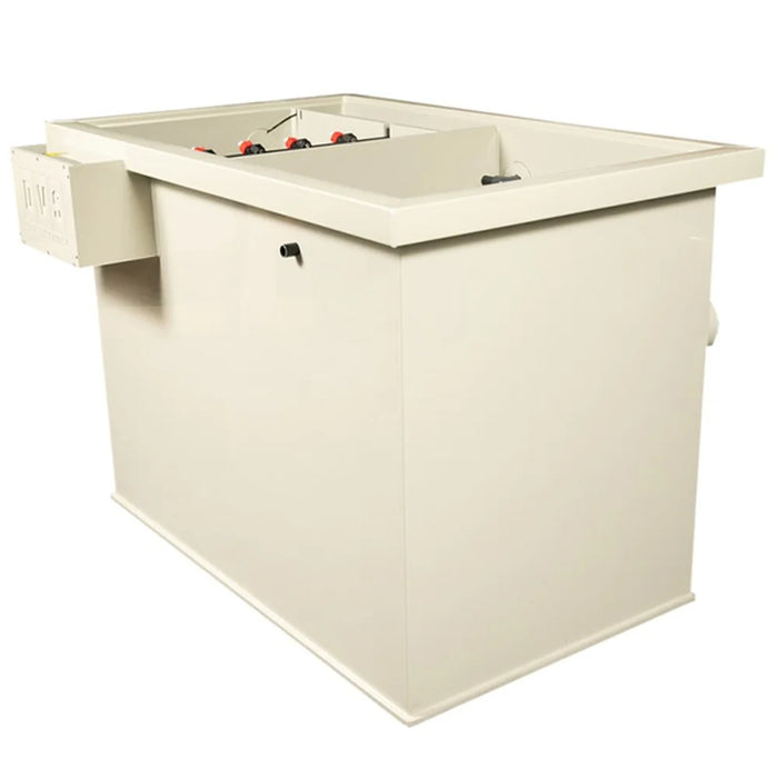 Angled exterior of the Sea Side Aquatics Entry C25 LOW Combi Filter with beige housing, side control box and open lid