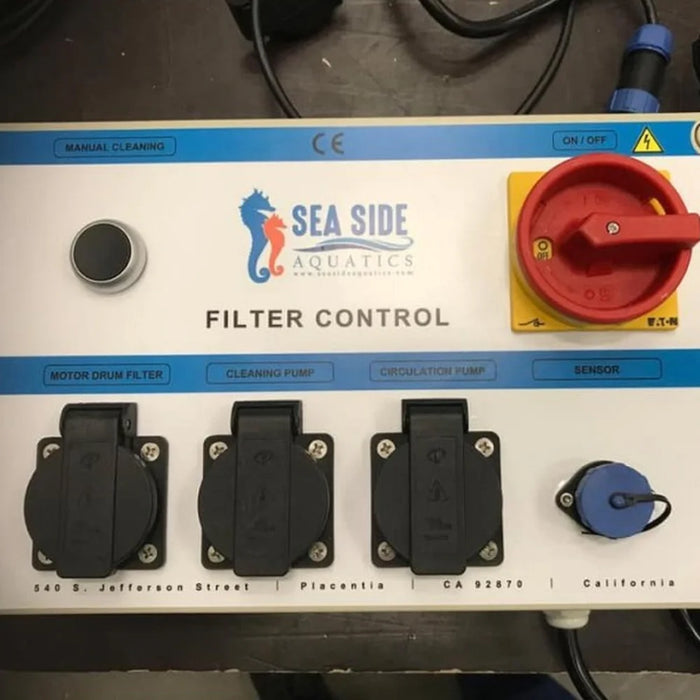 Sea Side Aquatics Entry M25 Pond Filter control box with manual cleaning button, on/off switch and pump sockets