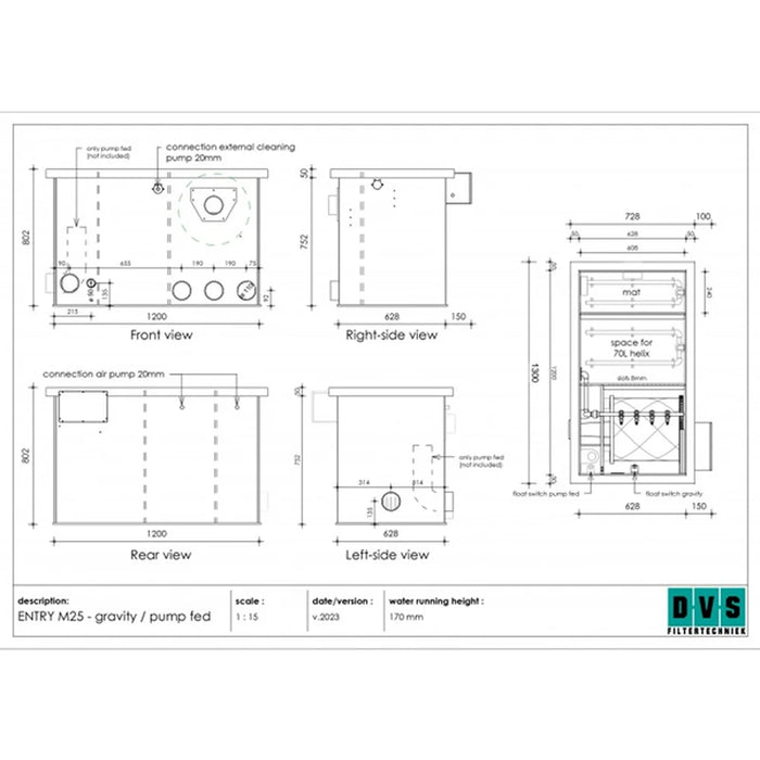 Technical dimension drawing of the Sea Side Aquatics Entry M25 RDF Filter with front, side and top views and measurements