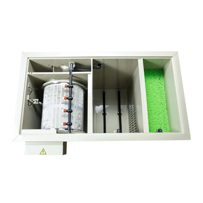 Interior top view of the Sea Side Aquatics Entry M25 Drum Filter showing the rotating drum, fluidized bed and green mat chamber