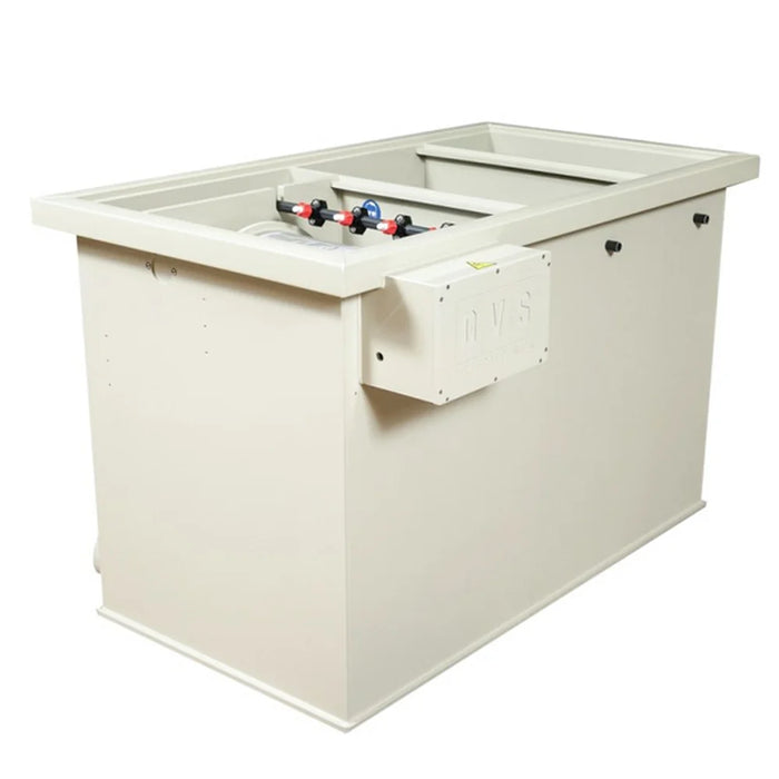 Angled front view of the Sea Side Aquatics Entry M25 Combi Filter housing with mounted control box and spray bar on top